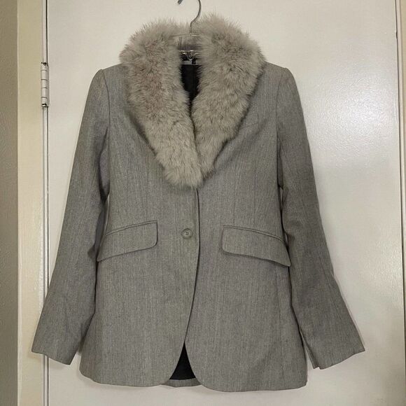 NWOT THEORY gray wool blazer jacket with removable Real blue fox fur trim US 0 - Picture 2 of 9